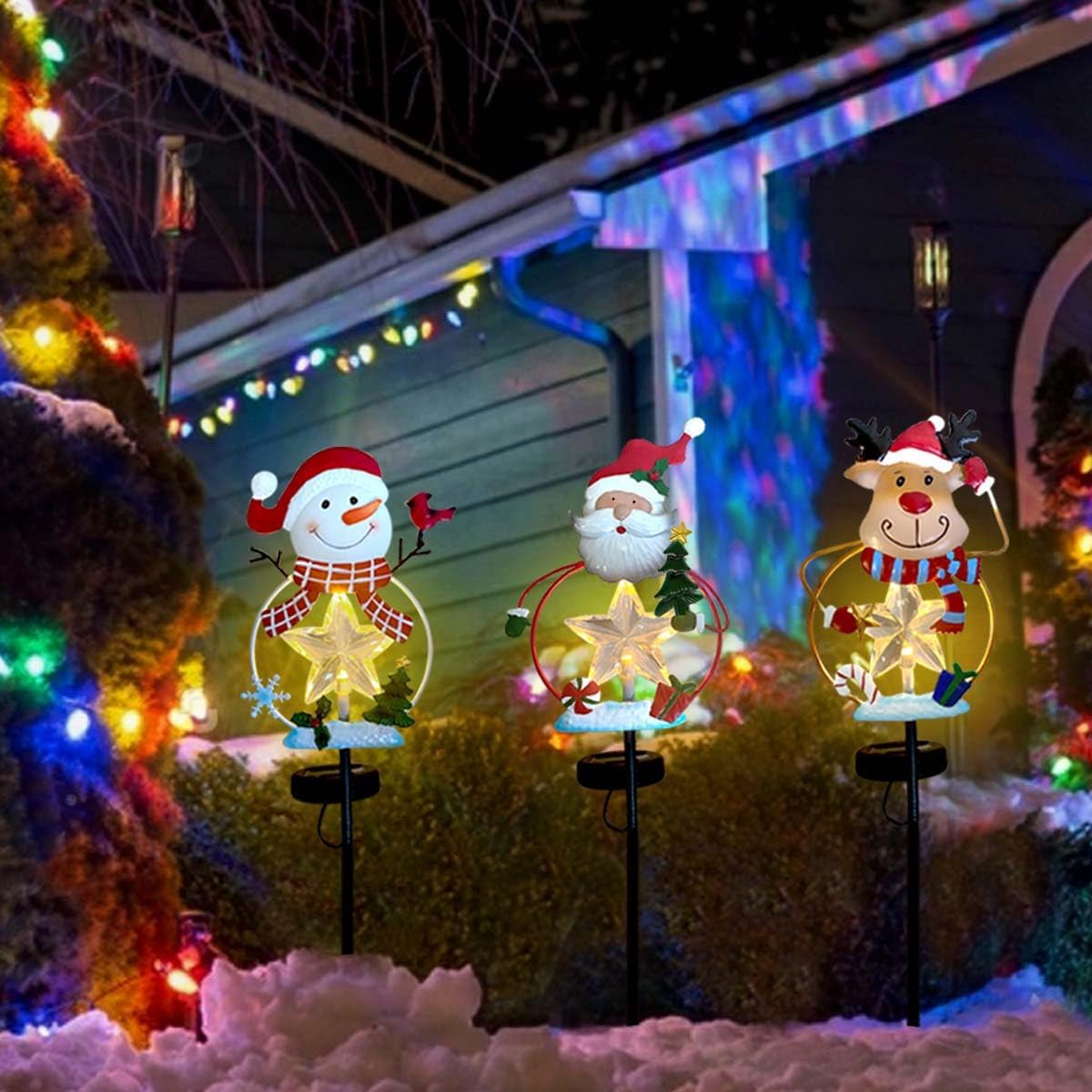 3 Pack Christmas Stake Decor, Outdoor Garden Solar Light Metal Snowman/Santa Claus/Reindeer Yard Stakes with LED Lights Waterproof for Home Lawn Pathway Christmas Holiday Winter Decoration - Image 2