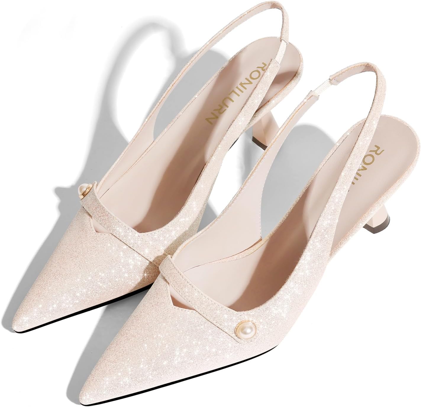 Women Kitten Heels Slingback Low Heel Pumps Dress Shoes for Women Closed Pointed Toe Pearl Heels for Work Wedding Bridal - Image 5