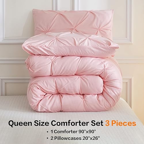 Miniatura 2 de Andency Juego de edredón rosa individual (66 x 90 pulgadas), 2 piezas (1 edredón pintuck, 1 funda de almohada), juego de edredón plisado de