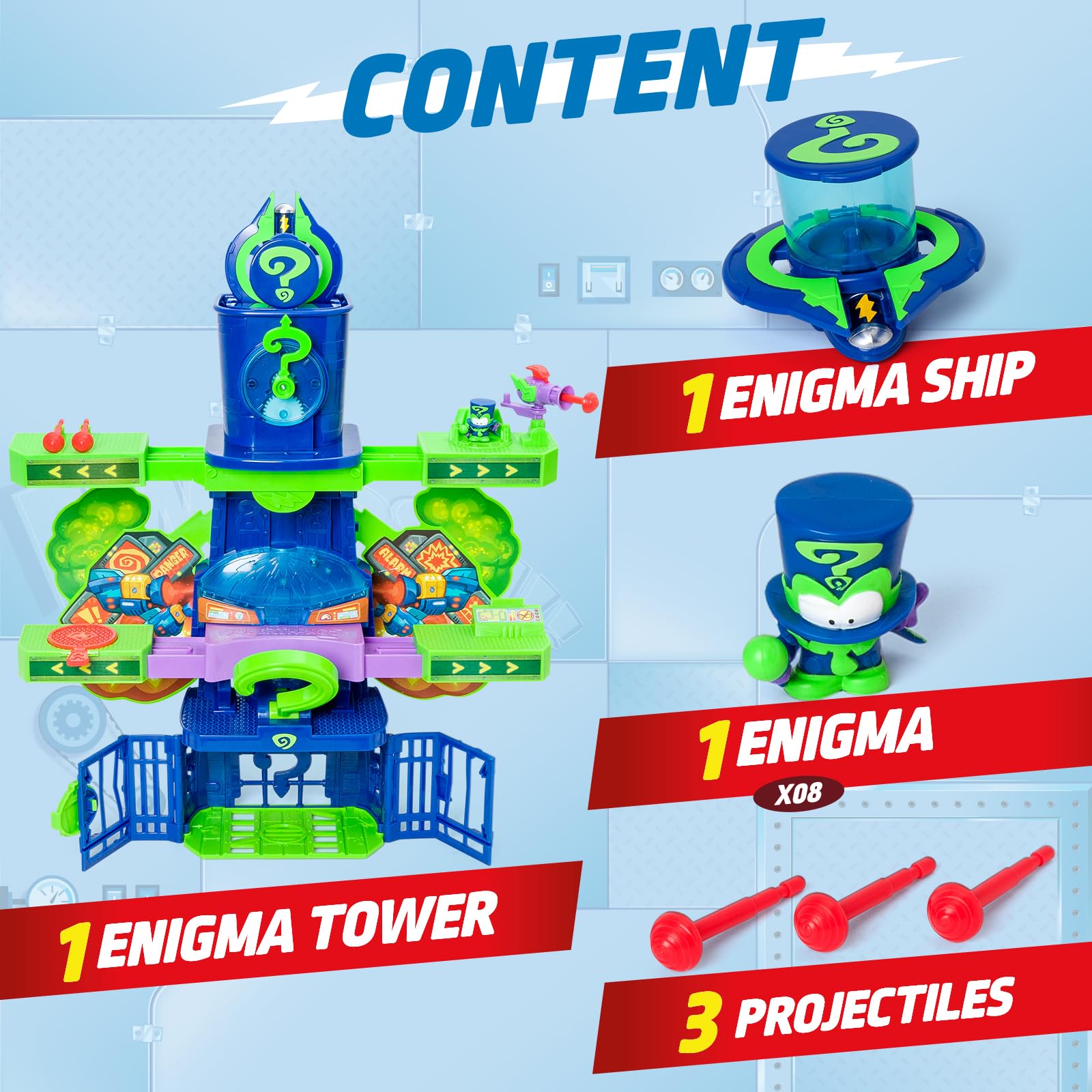 SUPERTHINGS KAZOOM POWER -Playset Enigma Tower.Wieża Enigmy z serialu telewizyjnego Klanu "Kazoom Power".Zawiera 1 Wieża,1 Ekskluzywna Enigma,1 Samolot,1 więzienie,1 katapulta,1 wyzwalacz, pociski
