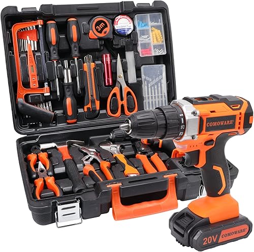 COMOWARE 120 Pcs Home Tool Kit with Drill, 20V Power Tool Combo Kits with 2.0 Ah Li-ion Battery & Charger, 25+1 Clutch, Tool Sets for Men, Household