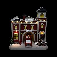 Vista 6 de Christmas Village - Estación de bomberos animada, edificio coleccionable de aldea musical de nieve preiluminada, complemento perfecto para tus