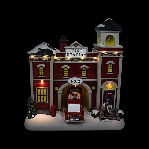 Miniatura 6 de Christmas Village - Estación de bomberos animada, edificio coleccionable de aldea musical de nieve preiluminada, complemento perfecto para tus