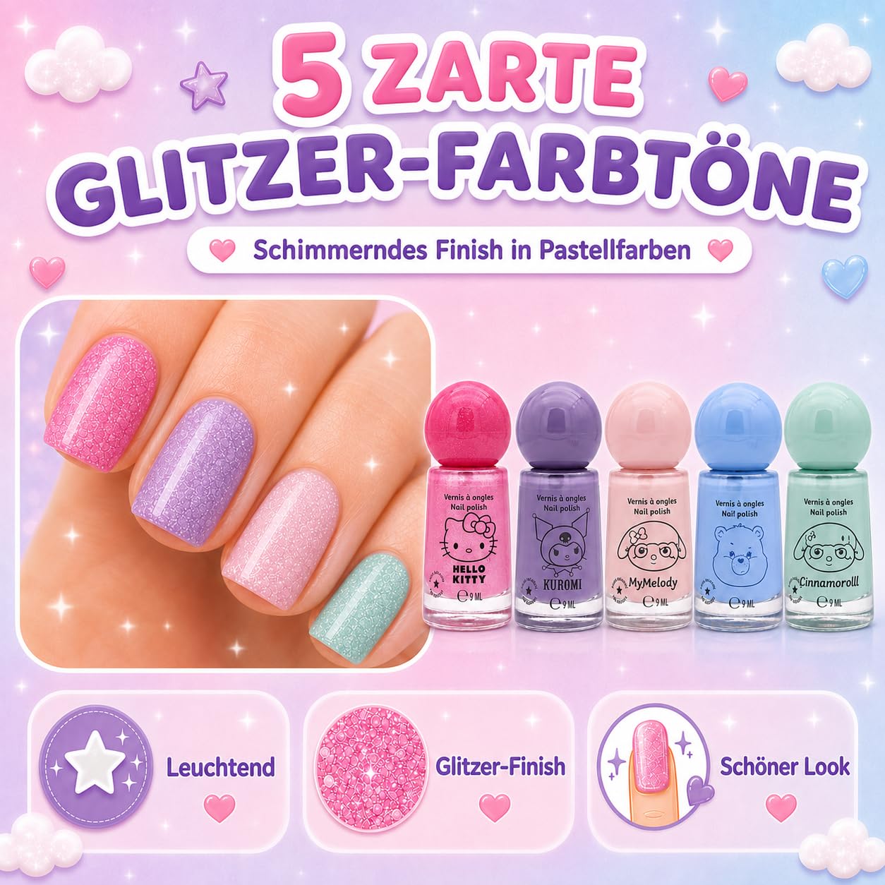 Hello Kitty, Melody, Kuromi, Cinnamoroll & Bisounours Lot de 5 vernis à ongles à paillettes végétaliens pour adultes – Séchage rapide, durable et testé dermatologiquement