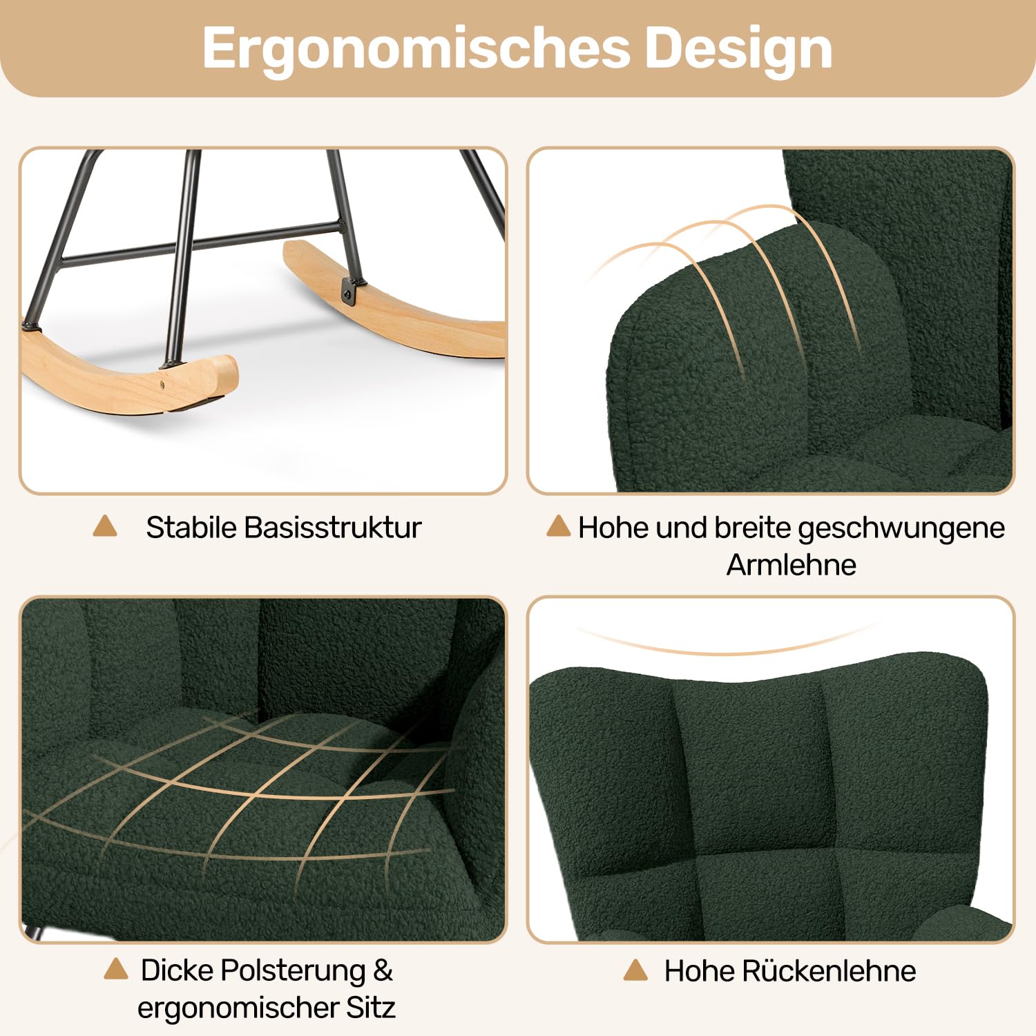Hawthyhome Schaukelstuhl Relaxstuhl Sessel Stuhl Wohnzimmersessel, Schaukelsessel Gepolsterter Schwingsessel bis 136 kg belastbar Dunkelgrüne Lounge Chair fürs Wohnzimmer Schlafzimmer Balkon