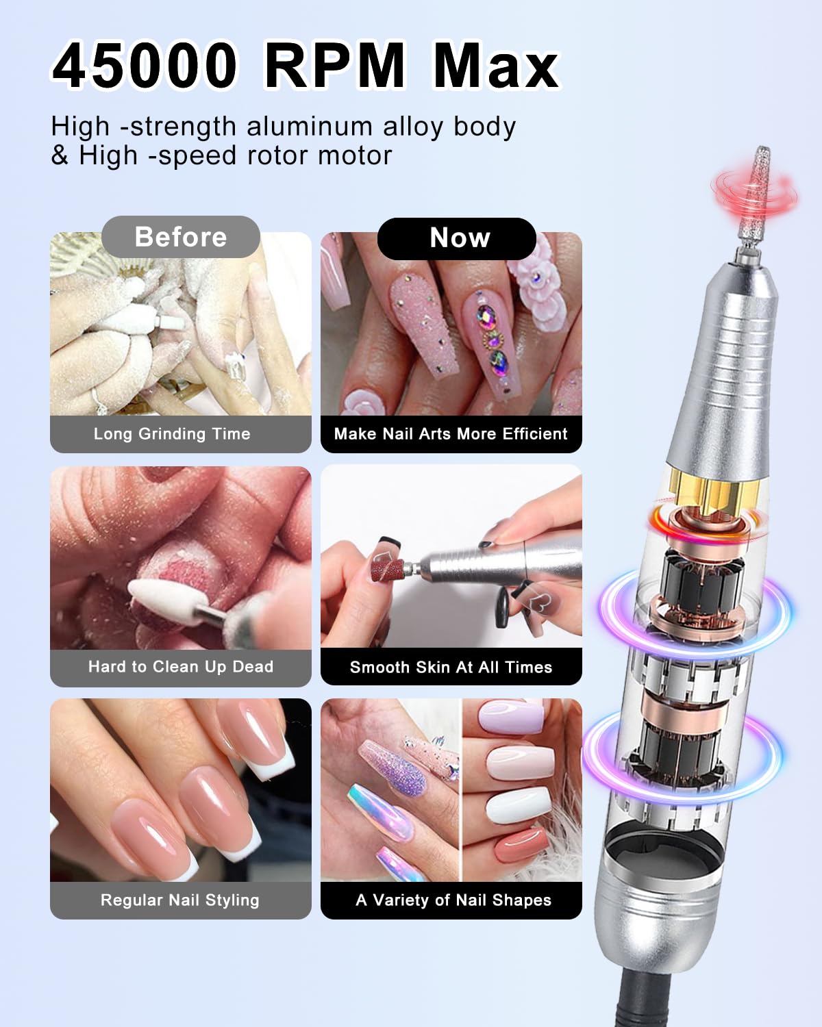 CozyZen Cordless Electric Nail Drill, 45000 RPM Rechargeable Diamond E-File, Portable & Low Noise for Acrylic/Gel Nails, Manicure & Pedicure - Professional & Home Use