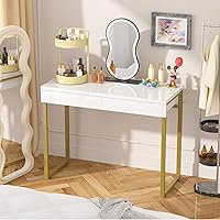 Vista 9 de GreenForest Vanity Desk with 2 Drawers,47 inch White Desk with Glossy Desktop Easy Clean,Makeup Dressing Table with Metal Gold Legs for Home Office