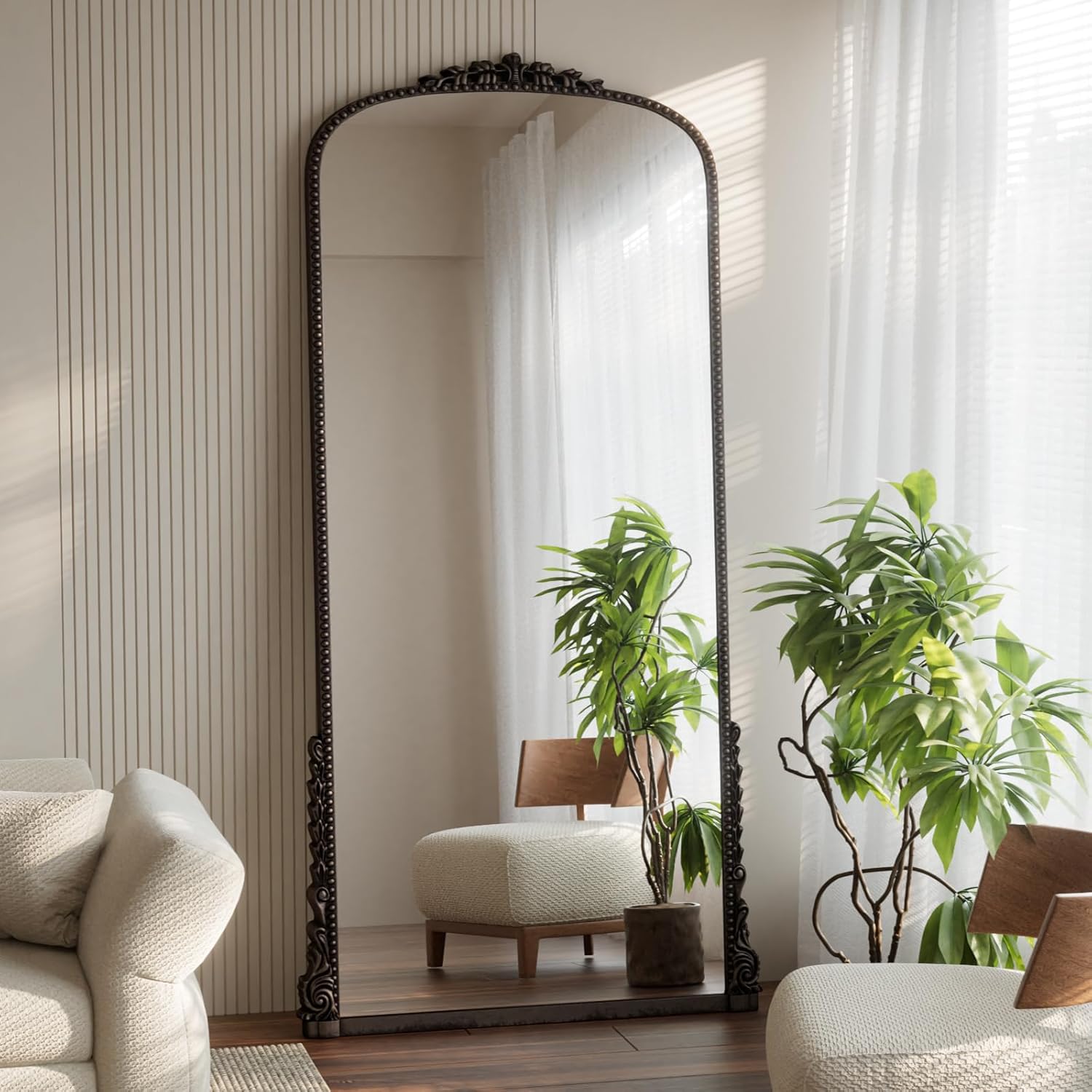 Arched Full Length Mirror with Bead, 71x32 Full Body Standing or Wall-Mounted Mirror, Baroque Wall Decor for Living Room, Bedroom, Entryway, Antique Bronze
