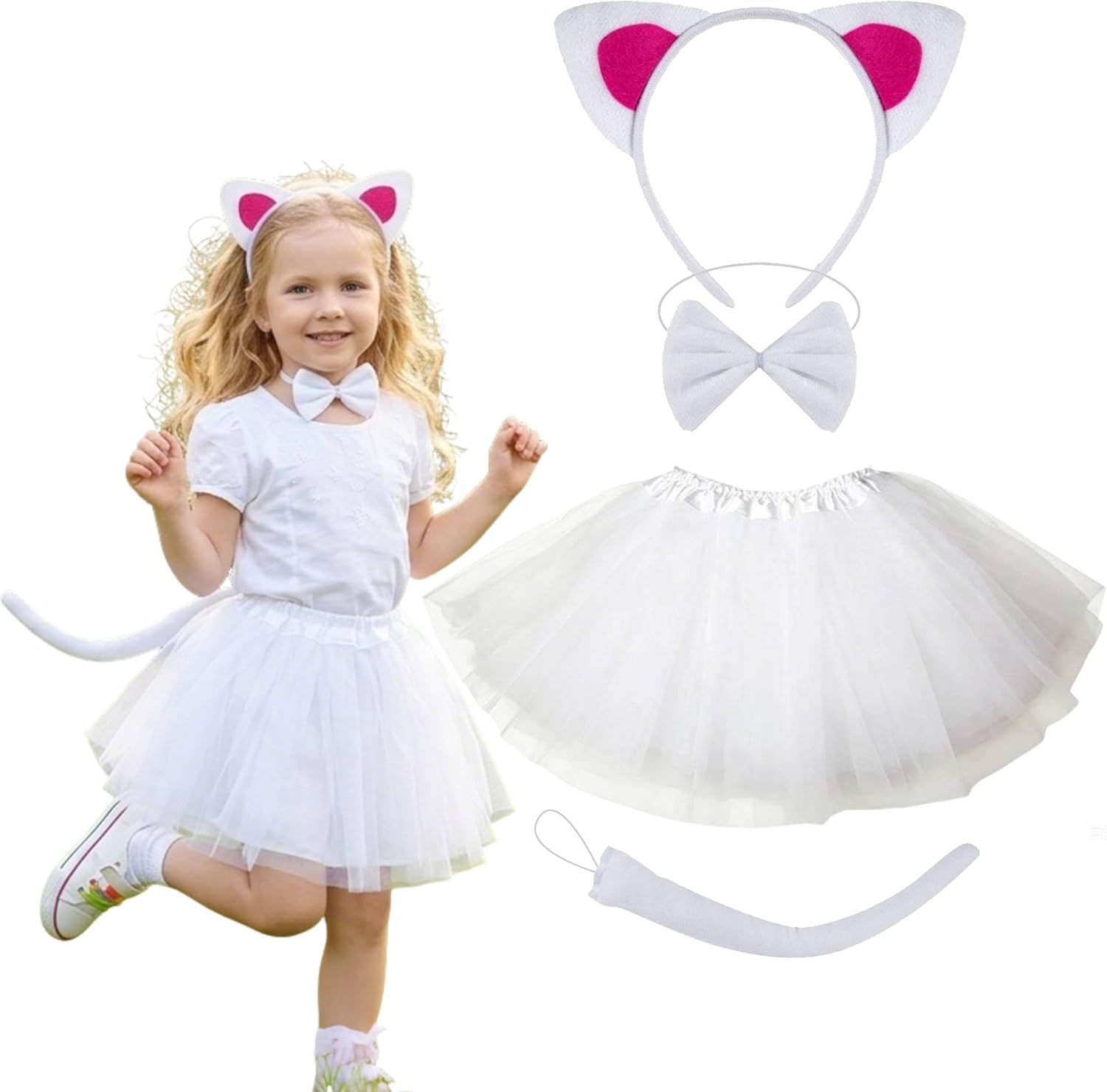Kirei Sui Kids Animal White Cat Ears Headband Bowtie Tail & Tutu Costume Girls Halloween 4-Piece Dress Up Set