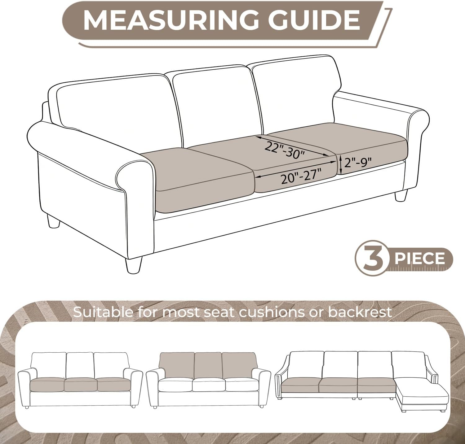 Couch Cushion Covers for Sectional Sofa Seat Cushion Cover Stretch Washable Separate Sofa Slipcovers Wear-Resistant Universal Furniture Protector (Taupe, 3 PC Seat or Back Covers)
