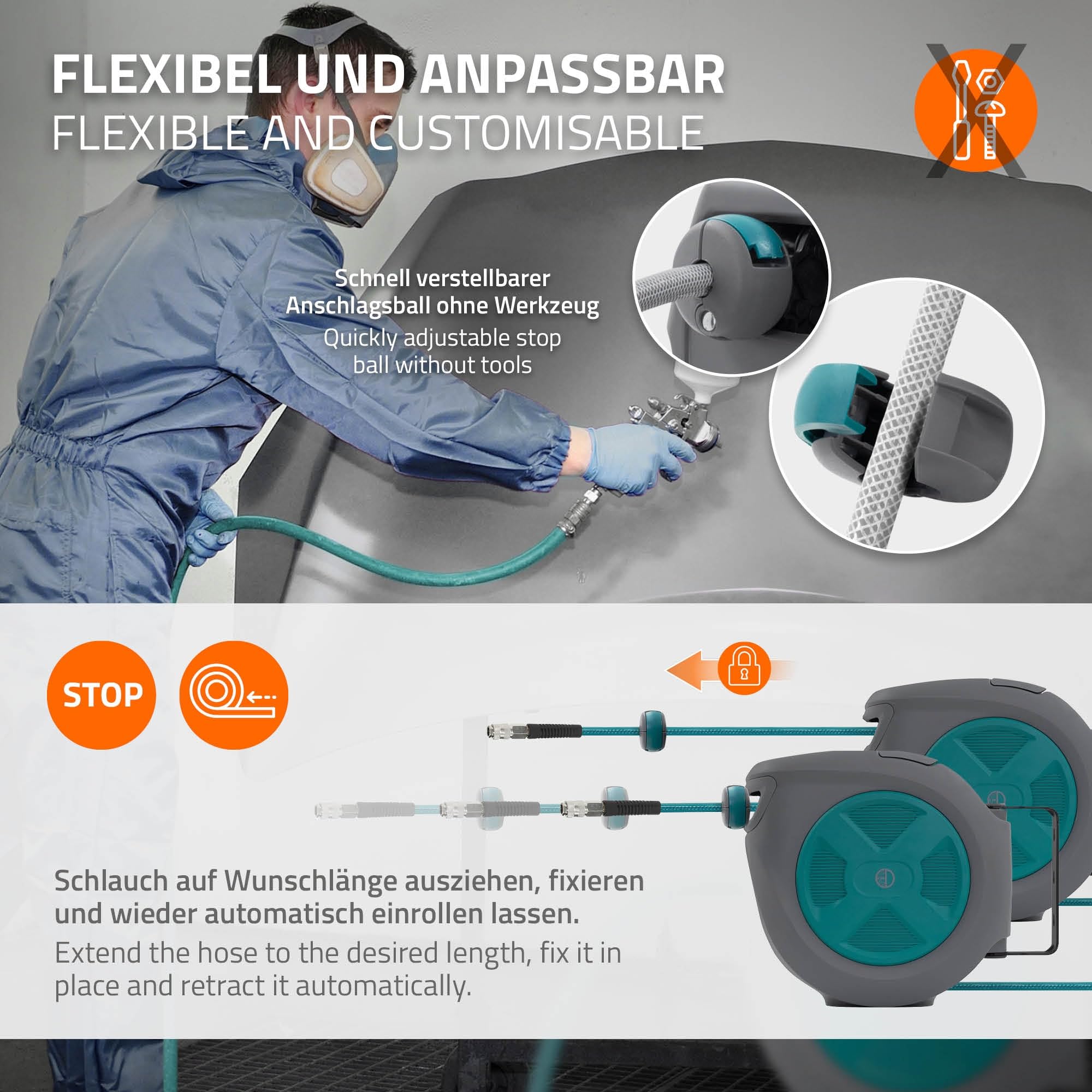 ECD Germany Carrete de Manguera de Aire Comprimido 15m + 1,5m Enrollador de Recogida Automática Conexión de 1/4" máx. 15 bar, Giratorio 180°, Ø12mm Portamangueras de Jardín con Kit de Montaje en Pared