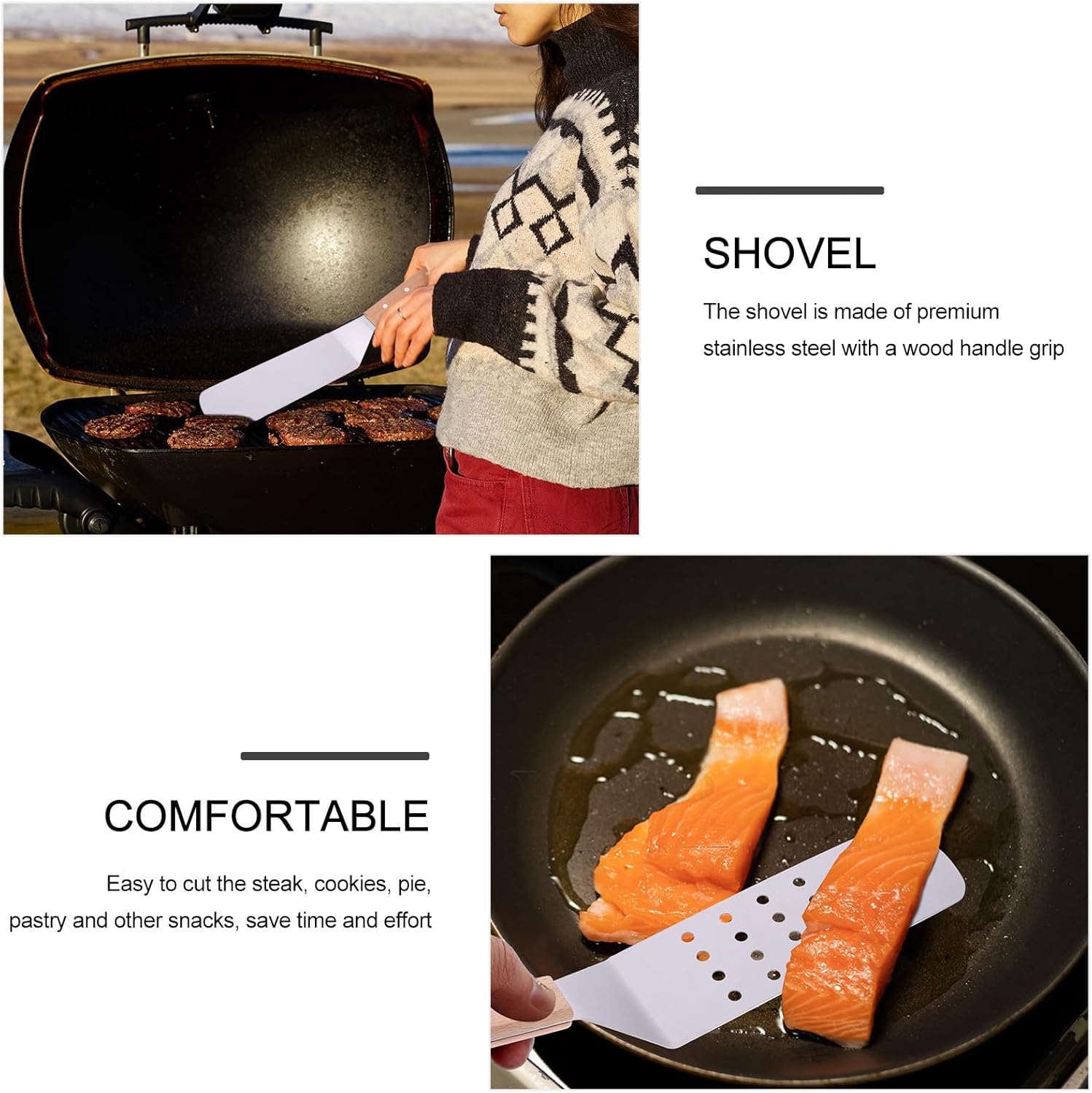 Stainless Steel Spatula and Pizza Shovel Set with Wooden Handles, 5pcs Kitchen Cooking Utensils for Baking, Grilling, and Food Transfer