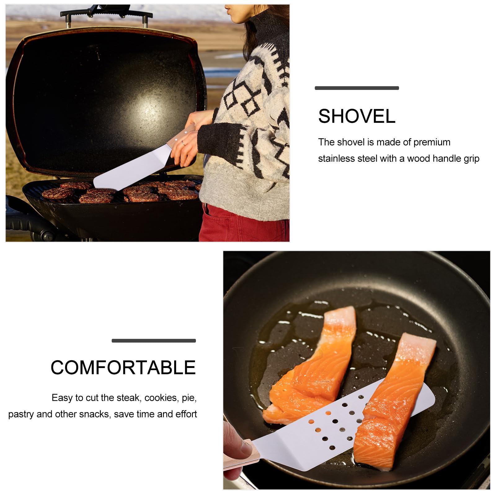 Amosfun Espátulas Juego de 5 Mango de Madera Resistente al Calor de Acero Inoxidable para Cocina, Adecuado para Pizza y Transferencia de Filetes