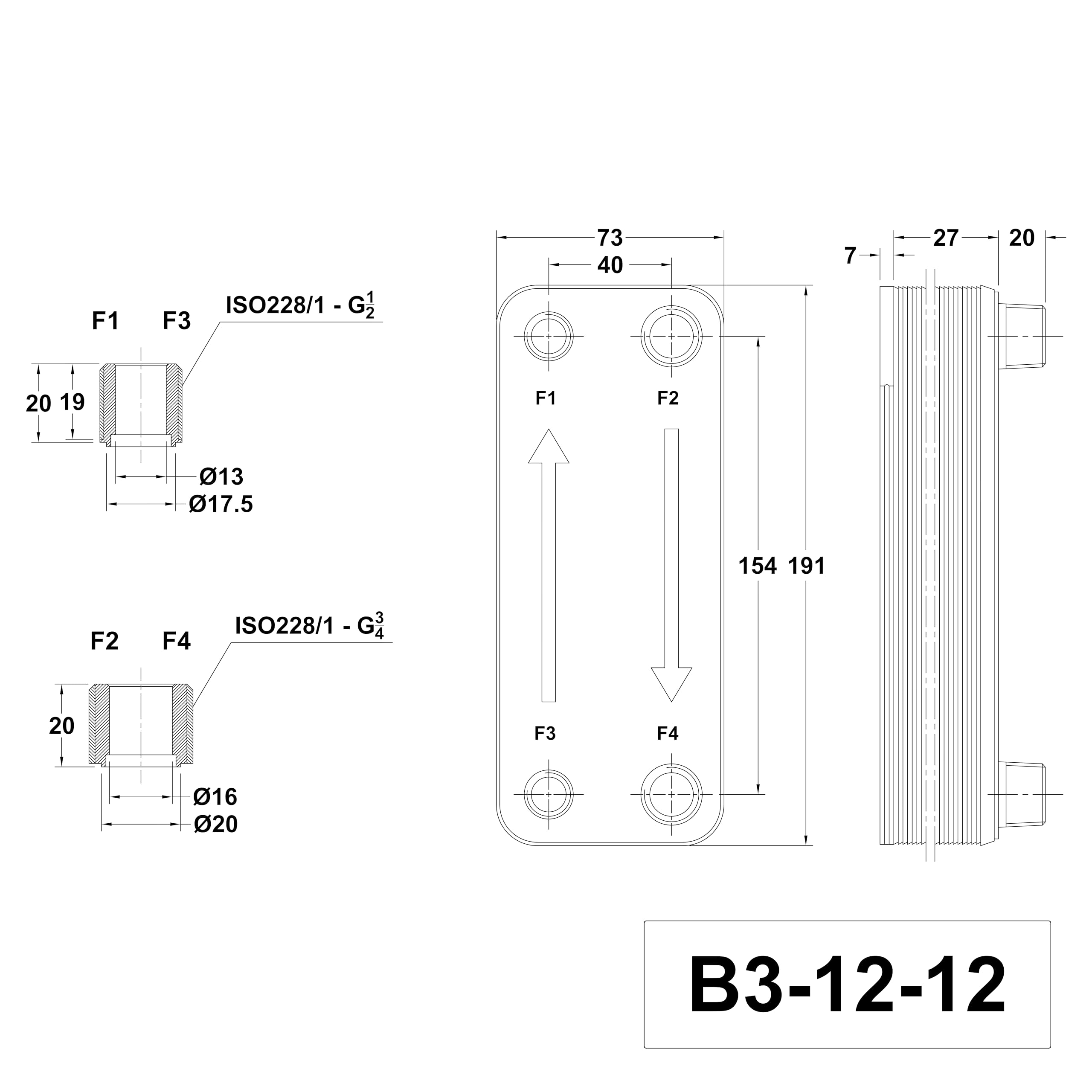 Intercambiador de calor de placas de acero inoxidable + aislamiento B3-12-12 con conexiones de 2x1/2 y 2x3/4 pulgadas. Calefacción solar de 45kW (PWT+Iso)