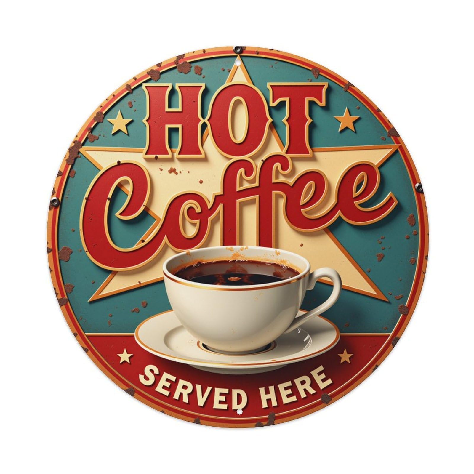 Hot Coffee Served Here Star Pattern Round Tin Sign Vintage Metal Poster, Home Bar Garage Man Cave Cafe Indoor & Outdoor Wall Decoration 8x8Inches