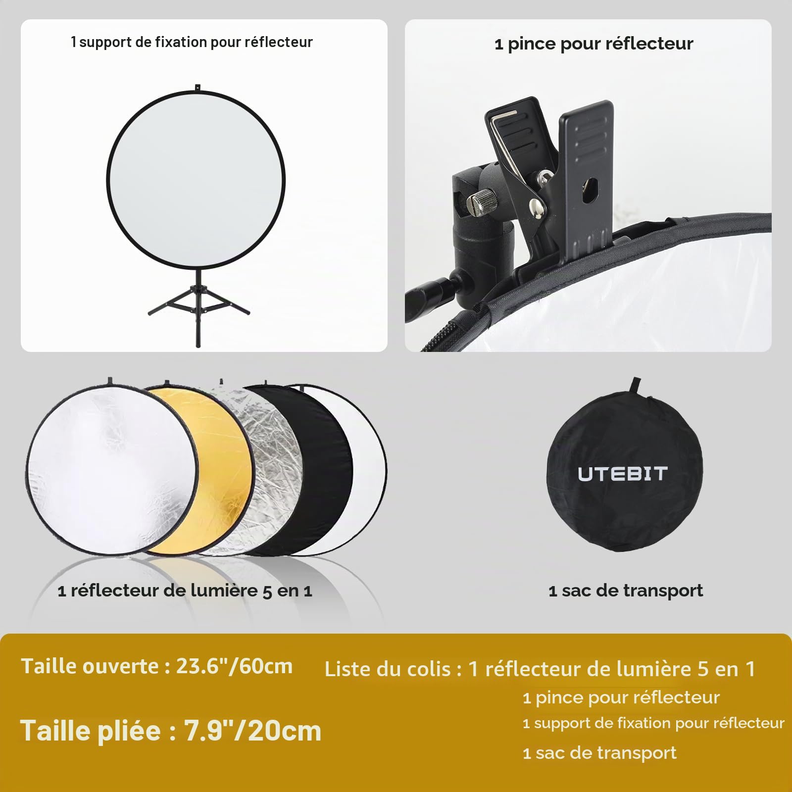 UTEBIT 5 en 1 Réflecteur Lumière avec Support de Trépied, Diffuseur de Lumière 60cm avec Sac de Transport Panneau Réflecteur Photo Pliable pour Éclairage de Studio, Translucide/Argent/Or/Blanc/Noir