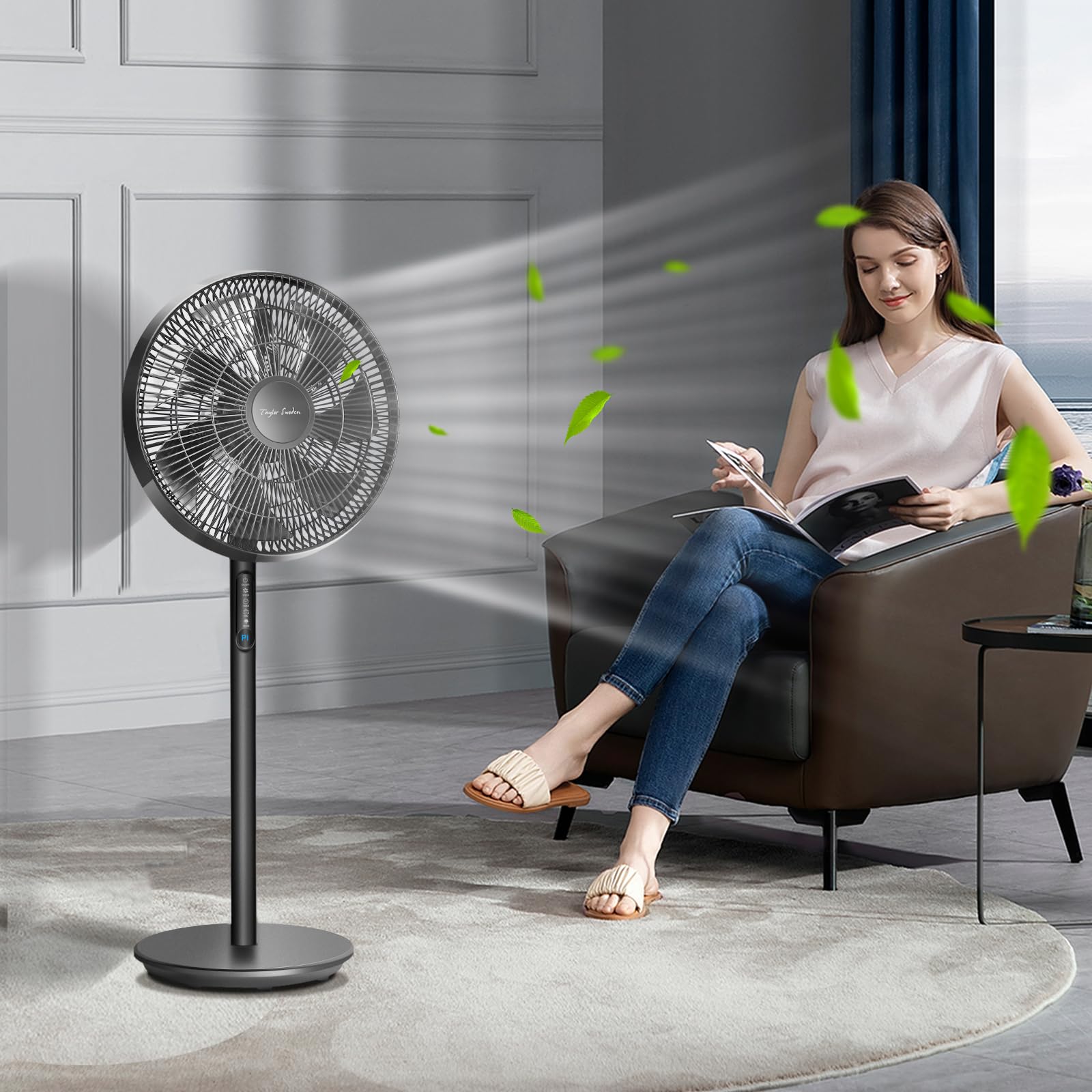 Taylor Swoden Eurus - Ventilador de pie y de mesa digital 2 en 1 con 7 aspas, 45W, temporizador 9h, mando a distancia, altura ajustable de 68 a 110 cm, 3 velocidades y 3 modos, oscilación de 90°