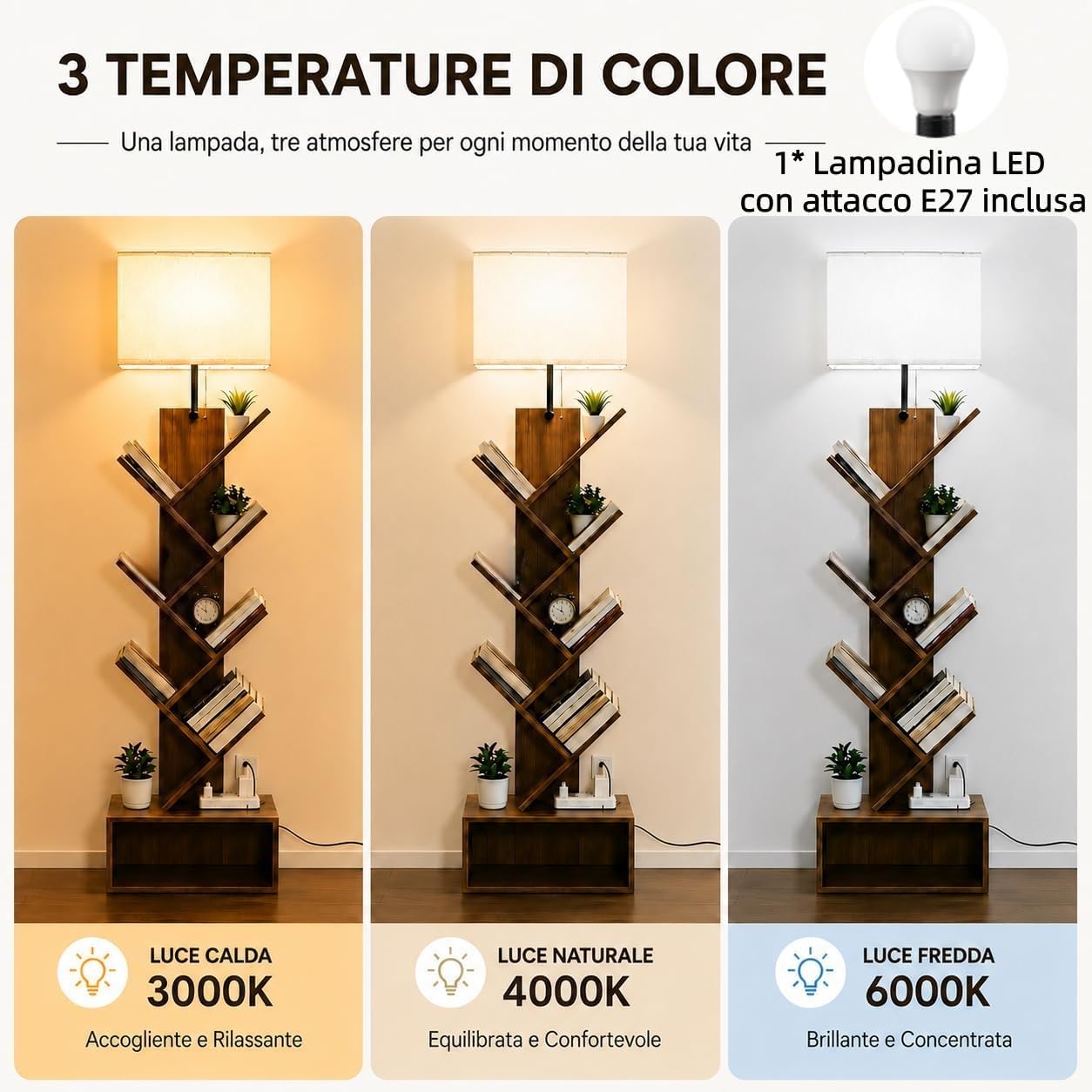 Libreria ad Albero a 6 Ripiani con Lampada da Terra, Lampadina LED E27 da 12 W e 3 Temperature di Colore, Scaffale Angolare Salvaspazio con Vano per Soggiorno, Camera, Studio e Piccoli Spazi