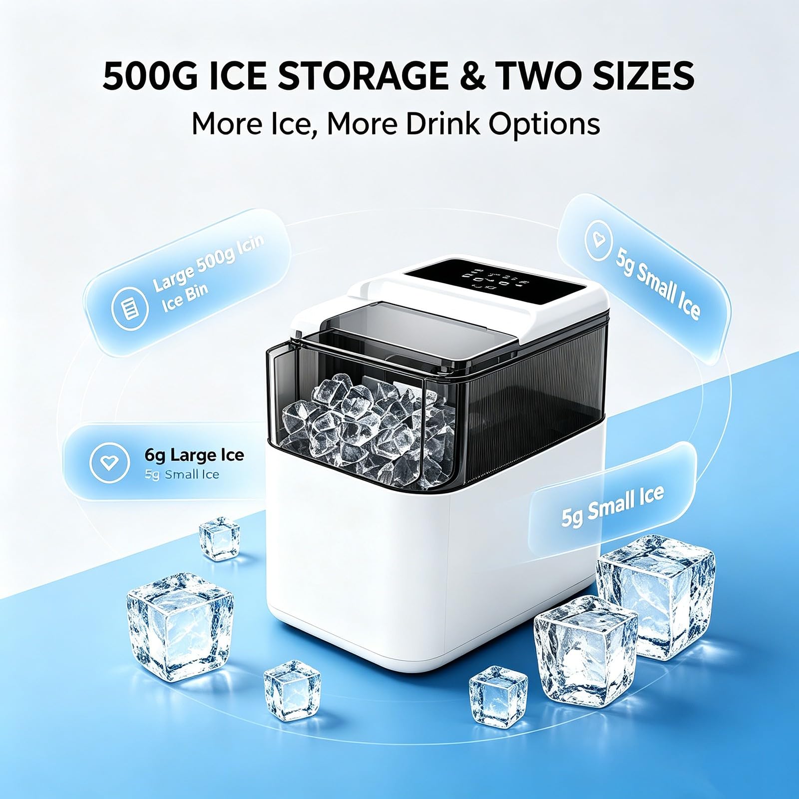 Máquina portátil de hielo, fabricación de hielo las 24 horas 12 kilogramos de hielo de bala, almacén de hielo de 500g, máquina de hielo de bajo ruido, hogar, campamento, Oficina White