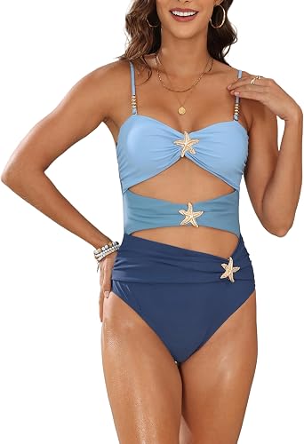 Womens One Piece Swimsuit, Cutout Ruched Bathing Suits, Color Block Swimwear with Starfish Accents
