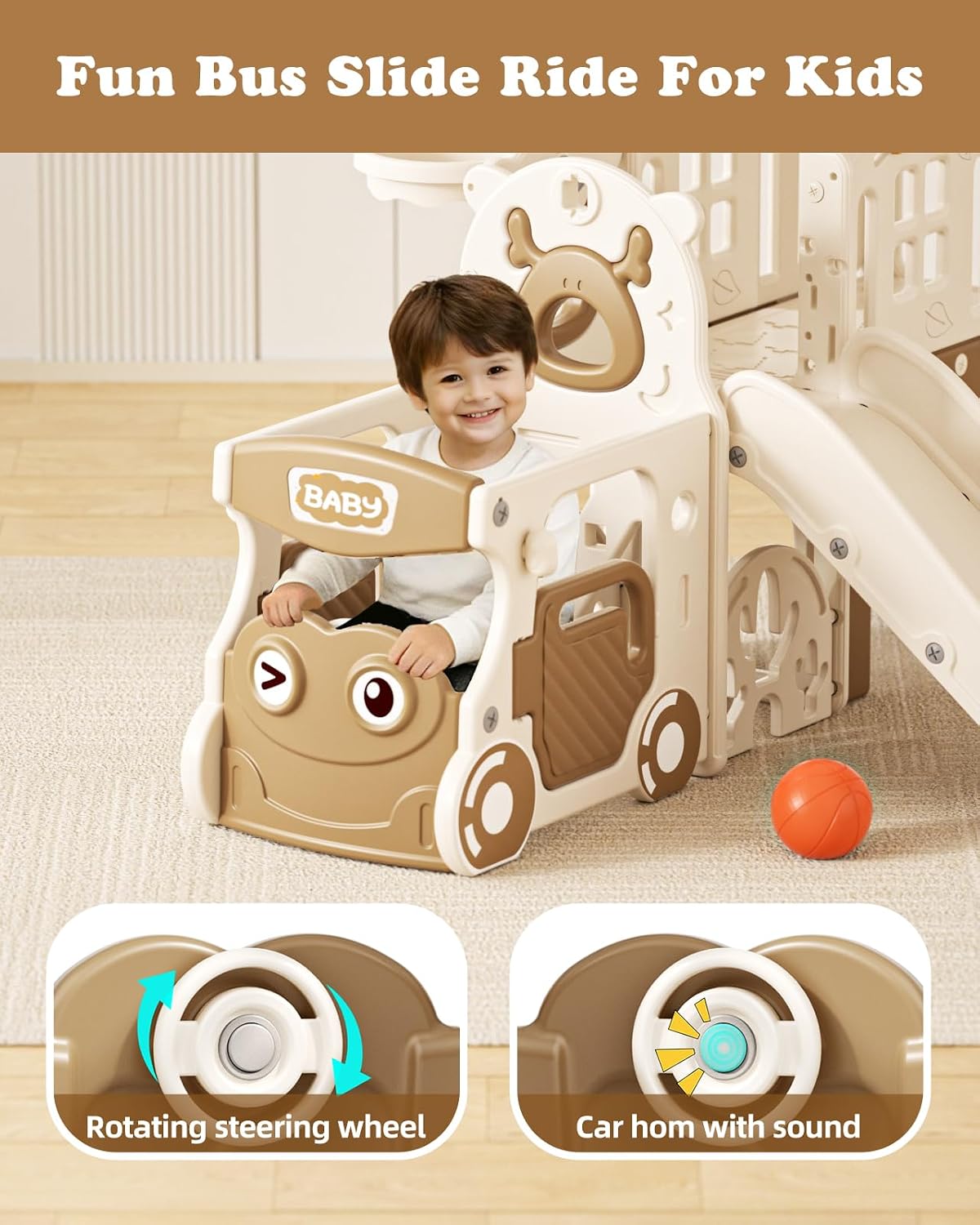 YUFU 10 in 1 Toddler Slide Set, Bus Themed Kids Slide with Climber, Golf Set, Ring Toss, Basketball Hoop, Indoor Outdoor Playset Playground for Toddlers Age 1-3, Beige Coffee