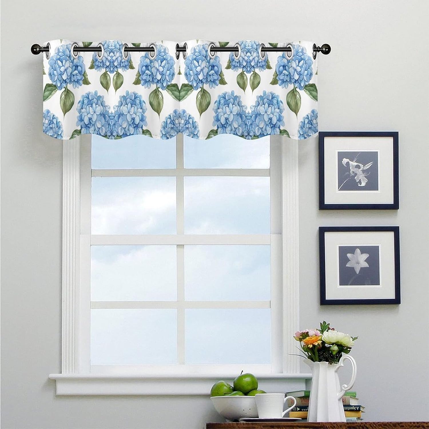 Small Window Curtains, Blue Hydrangea Pattern Printed Mini Window Curtains Valance, Pocket Window Curtains are Suitable for Homes, Offices, Farmhouses, and Restaurants
