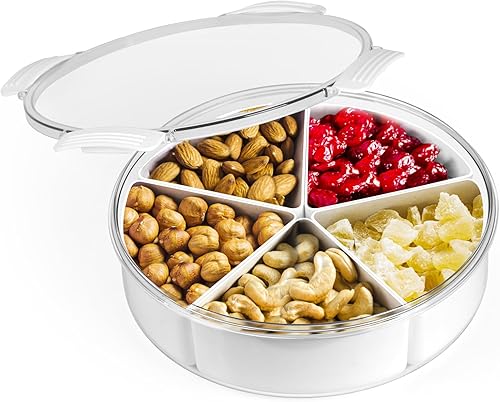 Bandeja redonda de plástico dividida para servir, 5 compartimentos, recipientes de almacenamiento de alimentos para servir alimentos con tapa,