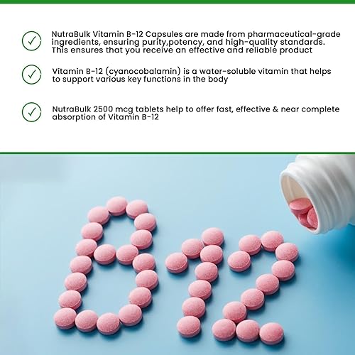 Miniatura 7 de NutraBulk Vitamina B-12 Cápsulas de 2500 mcg Micro-Pastilla  Apoya el bienestar cognitivo y general  Sabor a cereza - Tabletas sublinguales (250