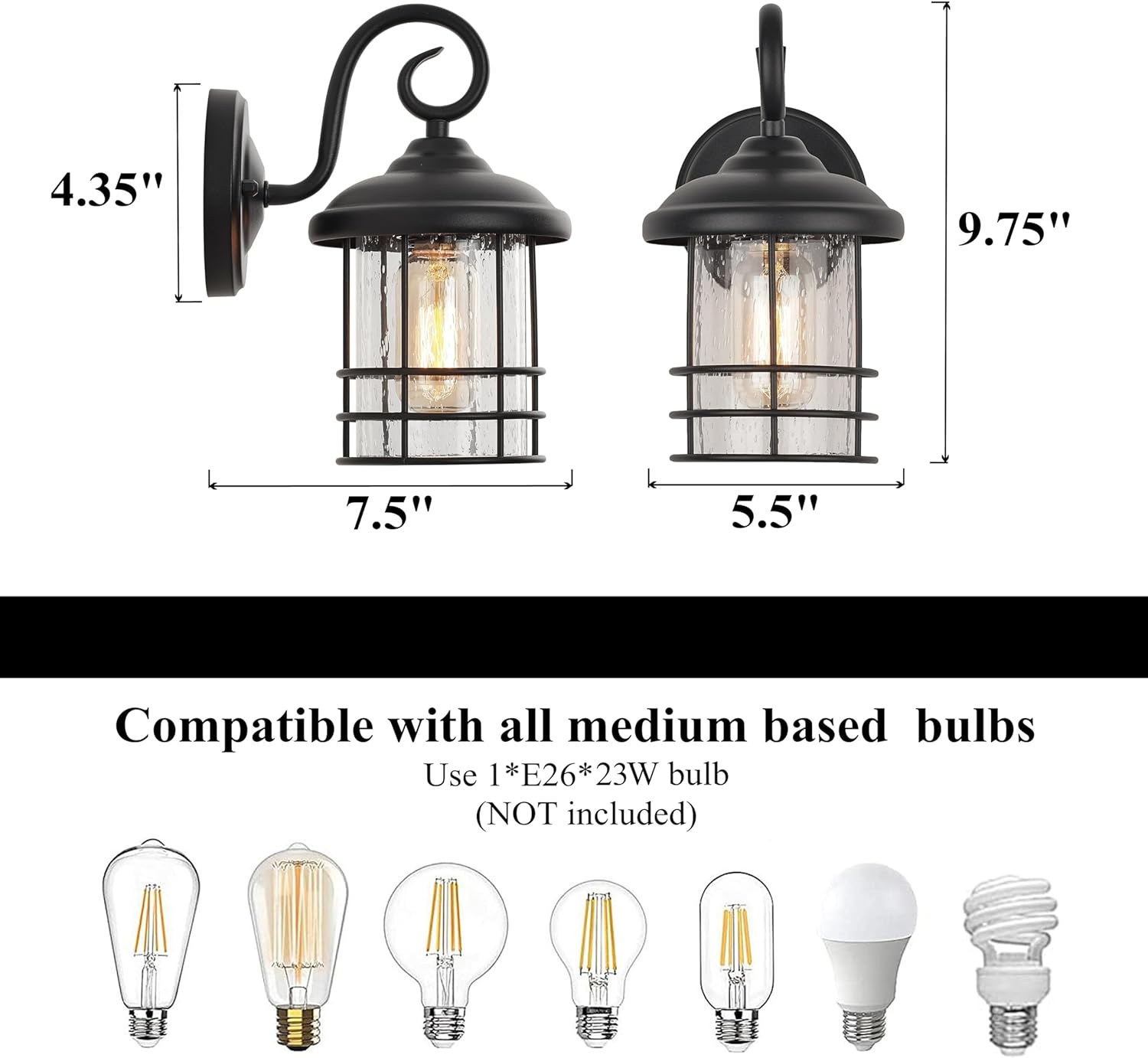 MICSIU 9.8" Single Porch Light, Narrow 5.5" Modern Farmhouse Matte Black Outdoor Wall Sconce, Anti-Rust Metal Exterior Fixture with Seedy Glass for Small Sidelight, Front Door, Garage, ETL Listed