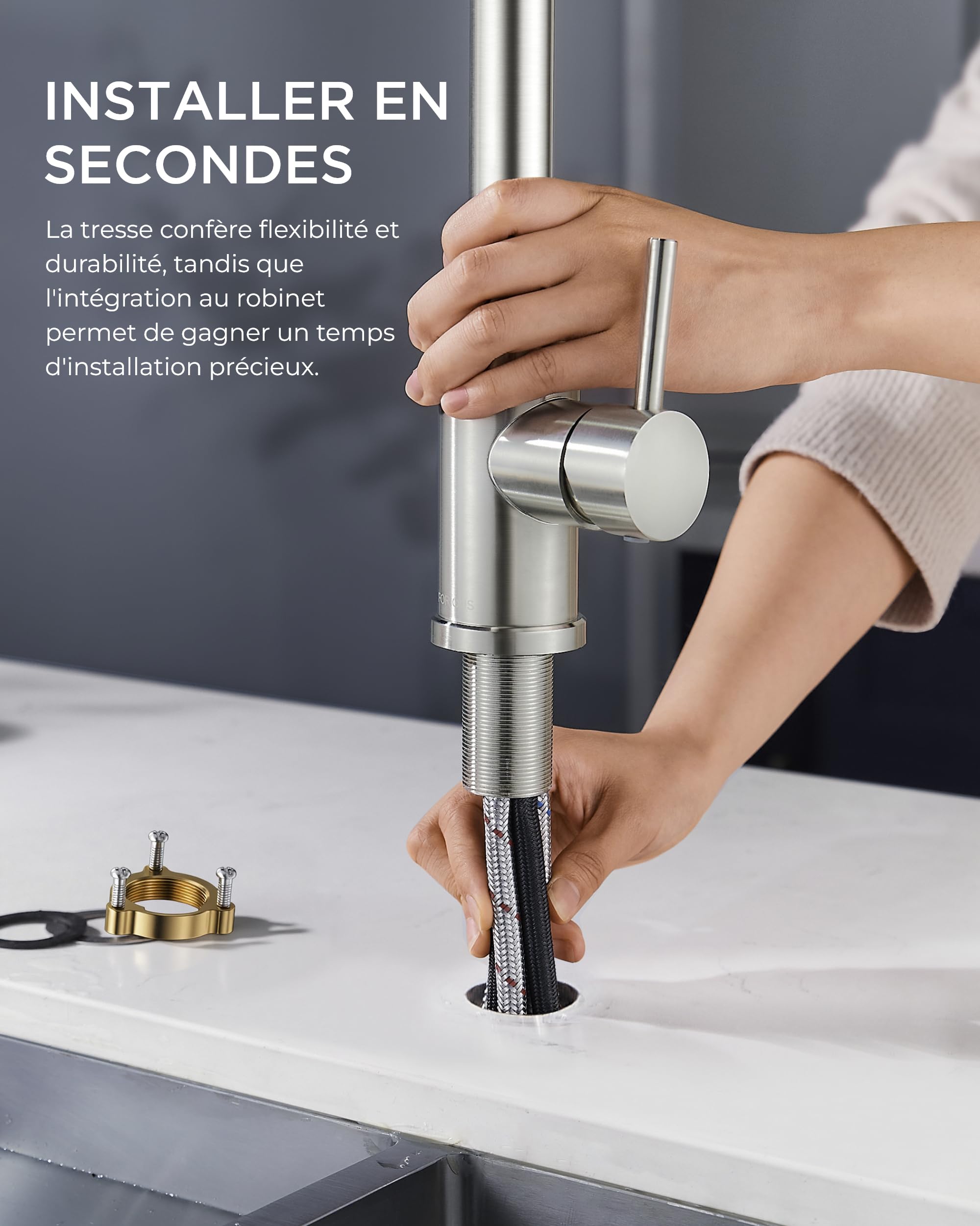 FORIOUS Robinet Cuisine Mitigeur avec Douchette Extractible 2 Modes Pivotant 360° Acier Inoxydable
