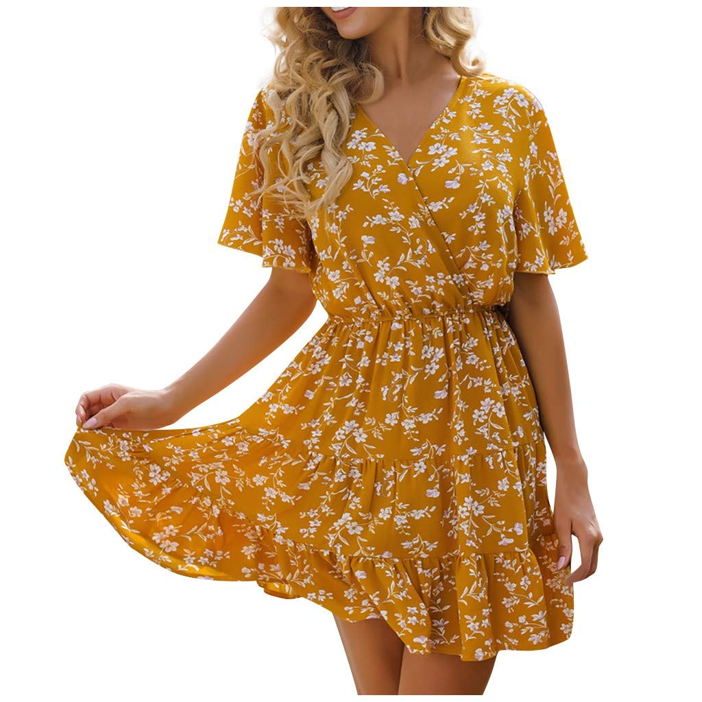 Avisage 2020 NEW Women V Neck Short Sleeve Boho Floral Stripe Beach Short Maxi Dress