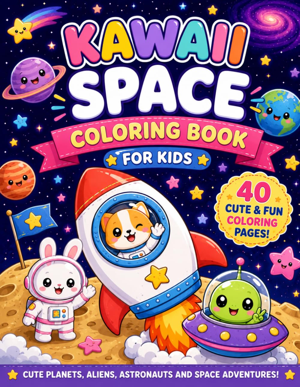 Kawaii Space Coloring Book for Kids: "Fun and Easy Coloring Pages Featuring Cute Planets, Aliens, Animals and Space Adventures”