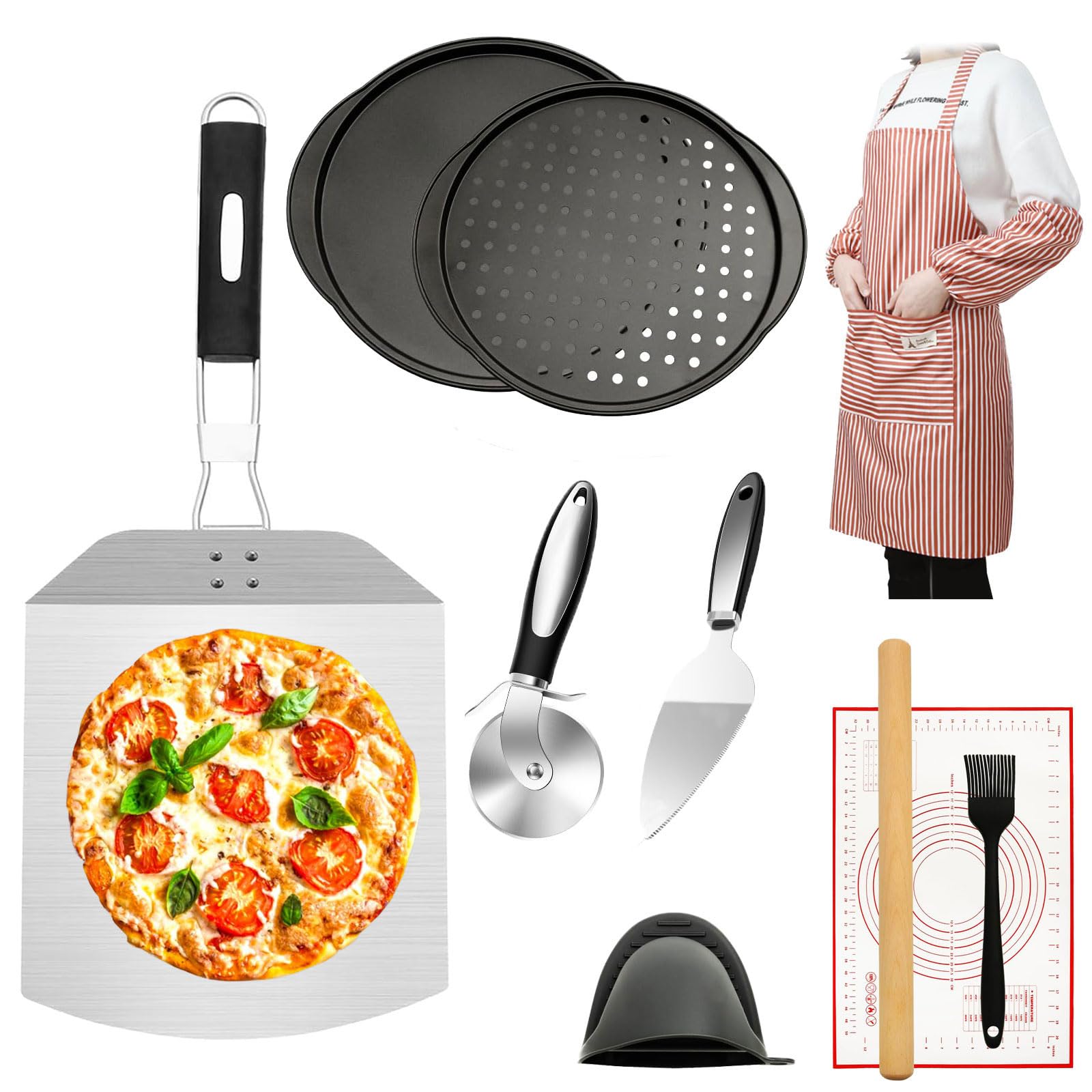 AOFUXTI Pizza Kit for Homemade Baking, 12in Perforated and Non-Perforated Pizza Pan Set with Stainless Steel Pizza Peel 12x9in, Dough Roller, Cutter, Apron, Baking Mat, Ideal for Oven Cooking at Home