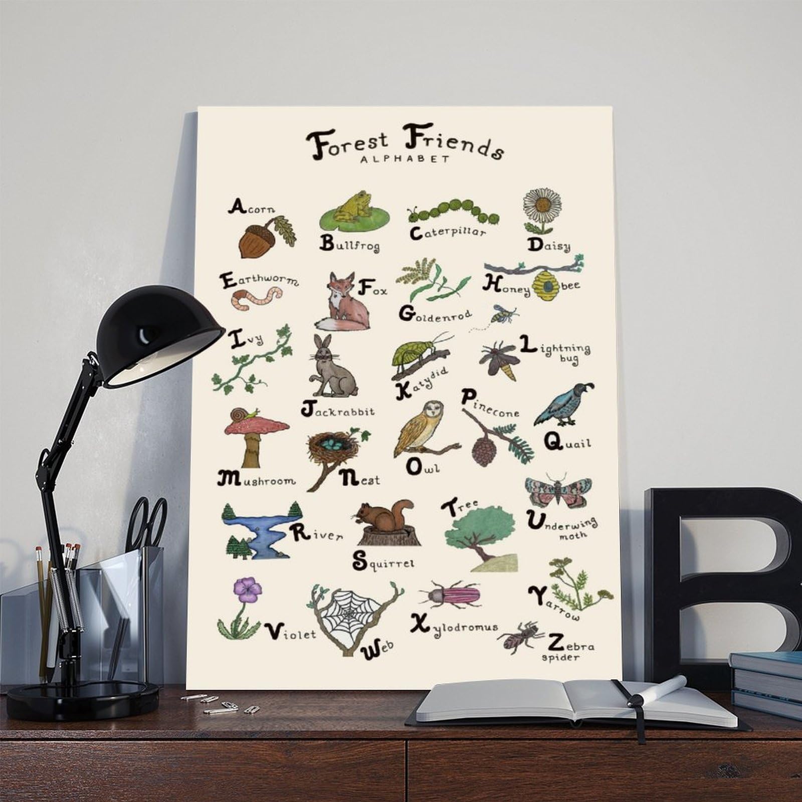 Lettres de l'alphabet de la forêt, animaux de la forêt, décoration éducative pour enfants, poster sur toile, décoration murale pour salon, chambre à coucher, 61 x 91,4 cm (L x l)