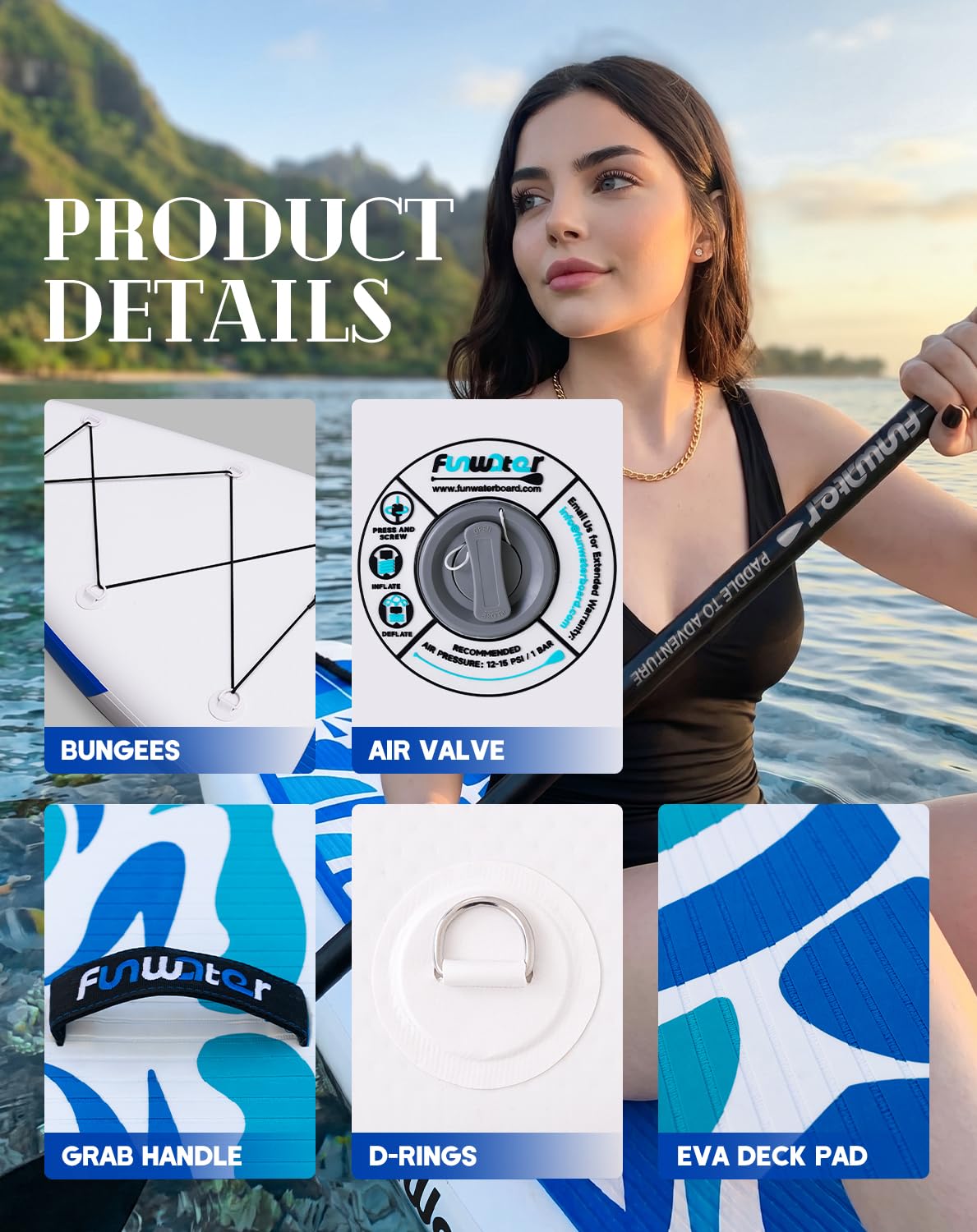 FunWater Sup Gonflable Ultra léger (8 kg) pour Tous Les Niveaux de compétence Tout Inclus avec Planche à pagaie, pagaie réglable, Pompe, Sac à Dos de Voyage ISUP, Laisse, Sac étanche