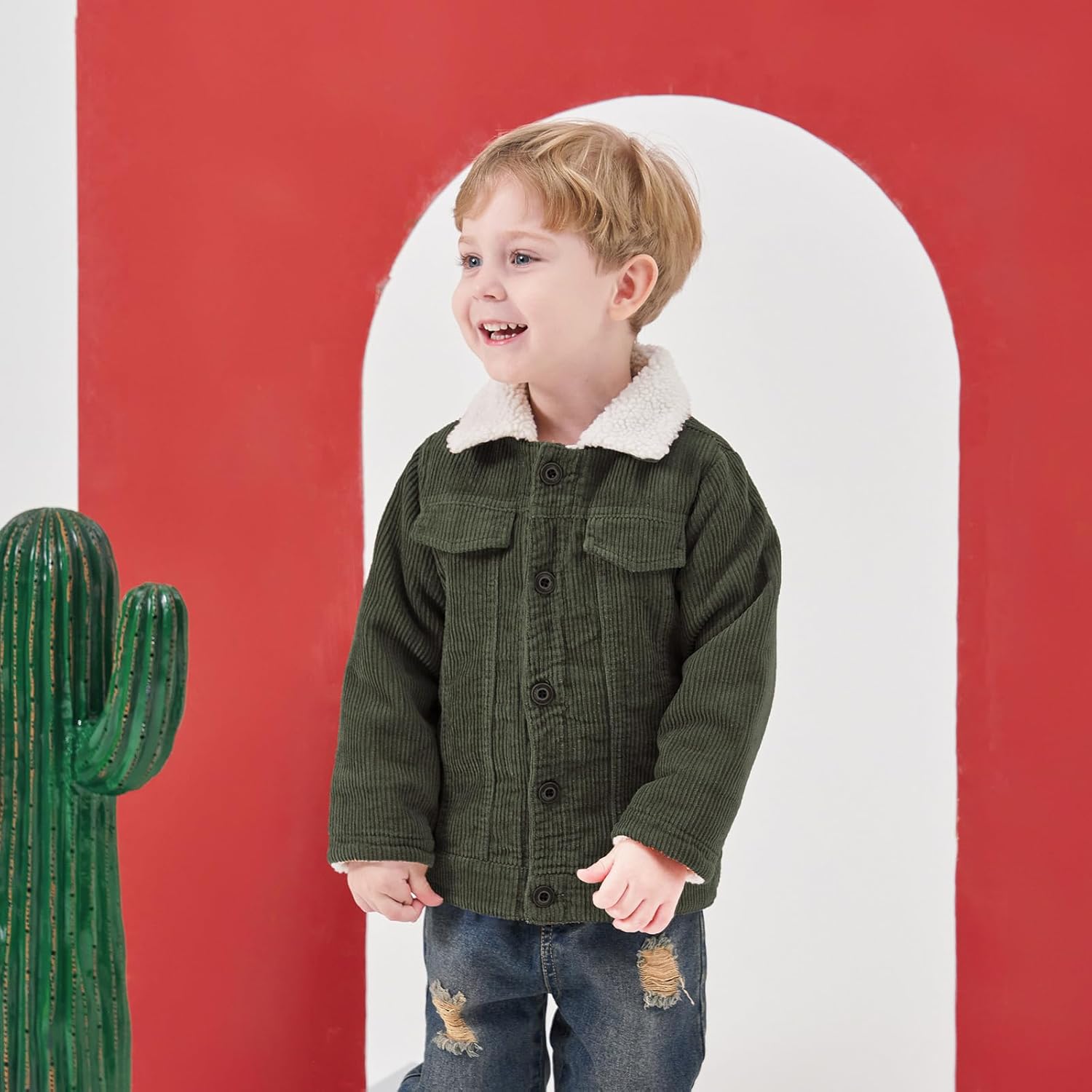 Volunboy Baby Boy Corduroy Jacket Toddler Fleece Winter Coat Kid Sherpa Lined Button Down Warm Outwear - Image 2