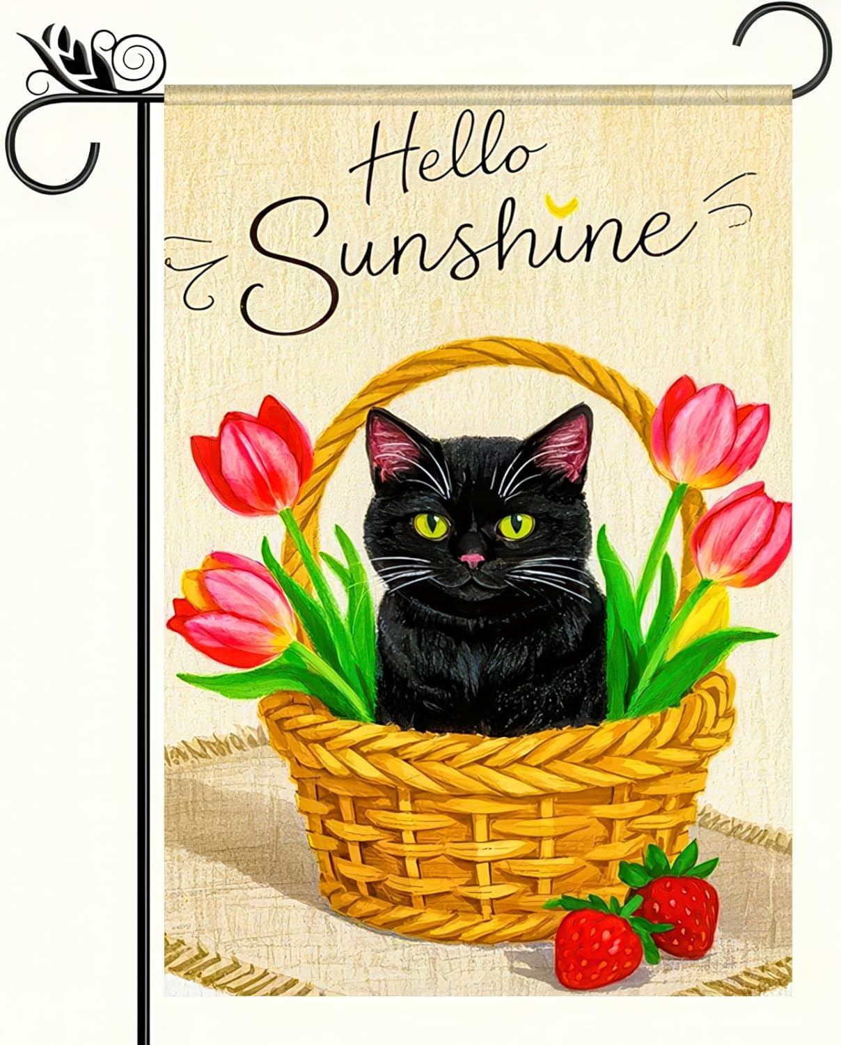 Hello Sunshine Garden Flag 12x18 Inches Black Cat Tulips Welcome Garden Flags Decorative Small Yard Flag for Lawn Patio Outdoor Outside Deco Spring Summer Decoration