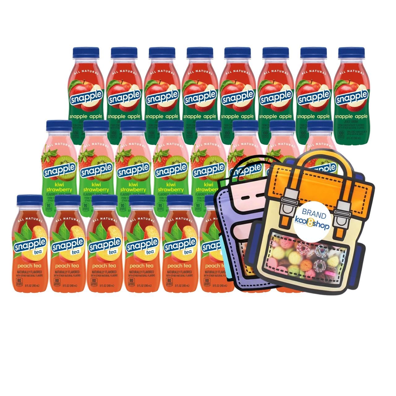 Snapple Variety Pack All Natural Juice Drink 8 fl oz Mini Plastic Bottle 24 Pack + 2 Reusable Snack Bags by KOOL8SHOP Infinite Deals