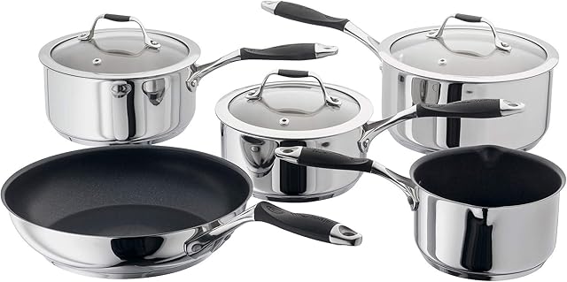 Stellar James Martin JMC1 Set of 5 Stainless Steel Pans, 20cm, 18cm, 16cm Saucepans with Lids, 14cm Milk Pan, 24cm Non-Stick Frying Pan, Induction Ready, Oven Safe, Dishwasher Safe