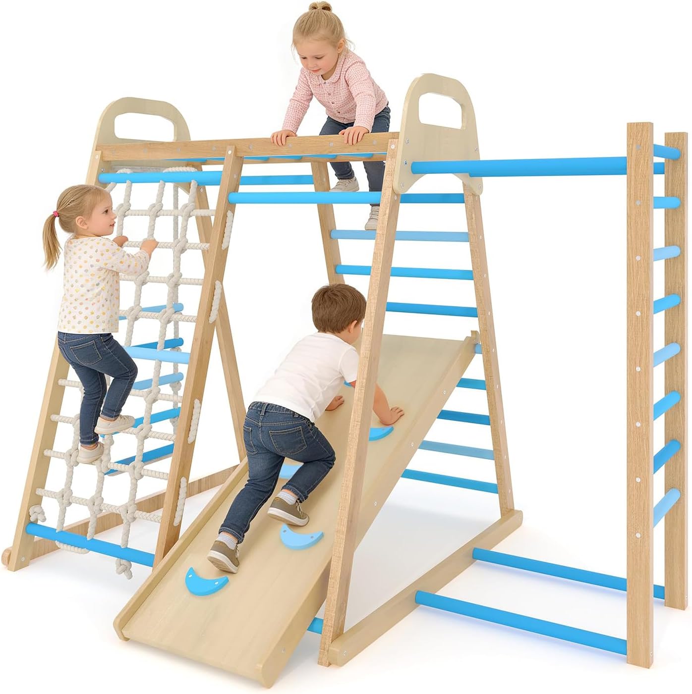 7 in 1 Wooden Indoor Jungle Gym for Toddlers, Kids Climbing Frame with Reversible Slide and Ramp, FSC Wooden Playground with Swing, Monkey Bars & Rope Net, Sturdy Play Structure