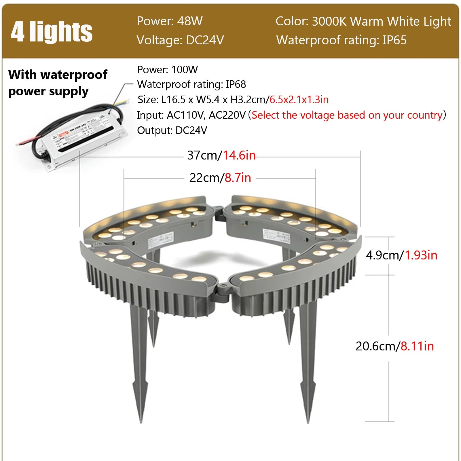 Wodoodporne Lampy Pierścieniowe IP65 Na Zewnątrz, Reflektory Krajobrazowe LED DC24V, Ciepłe Białe Światło 3000K Do Palm, Podwórek I Ogrodów(AC220V/DC24V,4 lights)