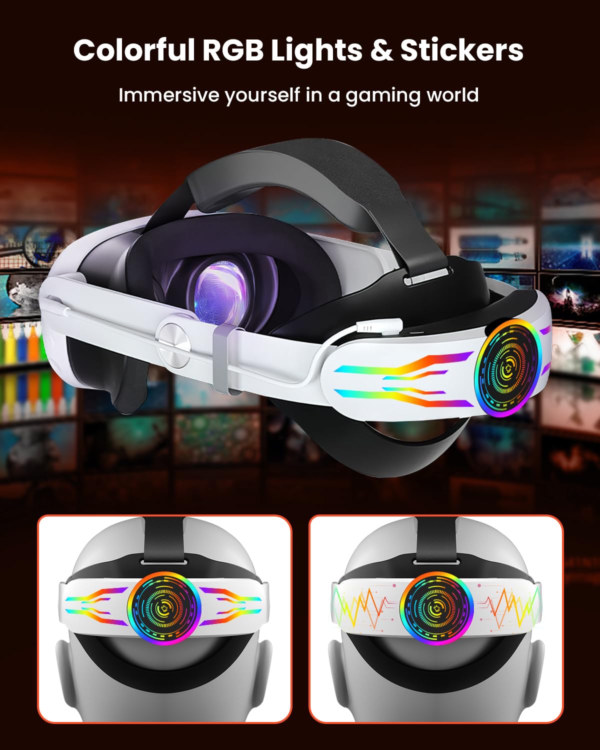 GEEKERA Headstrap Compatible con Meta-Quest 3/3S, 10000mAh Batería Head Strap para la Cabeza RGB, Accesorio VR con Correa Ajustable y Recarga Rápida, Tiempo de Juego Prolongado de 4 Horas