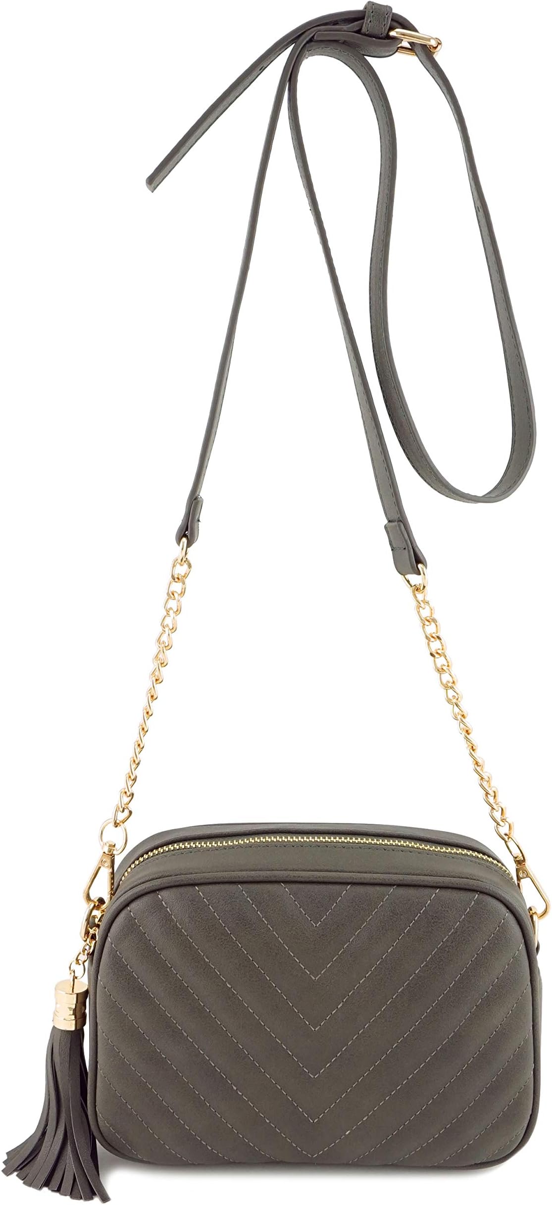 Simple Shoulder Crossbody Bag With Metal Chain Strap And Tassel Top Zipper (Dk Grey)