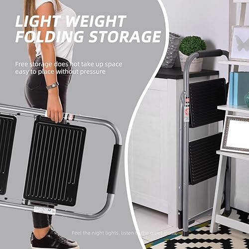 Miniatura 4 de Delxo Taburete plegable de 2 escalones con mango acolchado, taburetes de 2 escalones para adultos, escalera de seguridad resistente con diseño