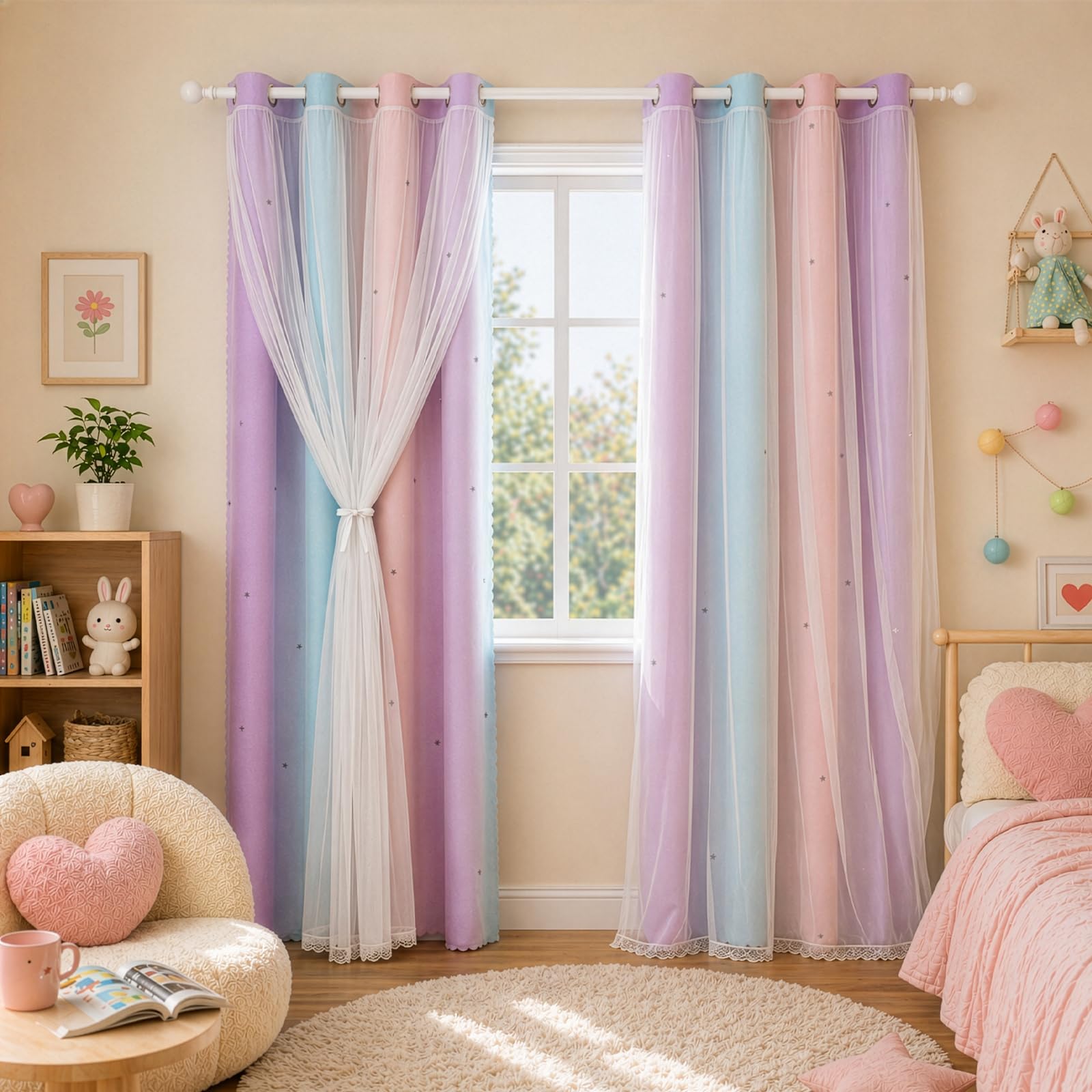 EVERGOODS Rainbow Curtains，Kids Curtains for Girls Bedroom – 2 Panels Rainbow Blackout Curtains with Sheer Layer, Laser Cut Stars, Pink & Purple Princess Room Decor, 80% Light Blocking (132x214cm)