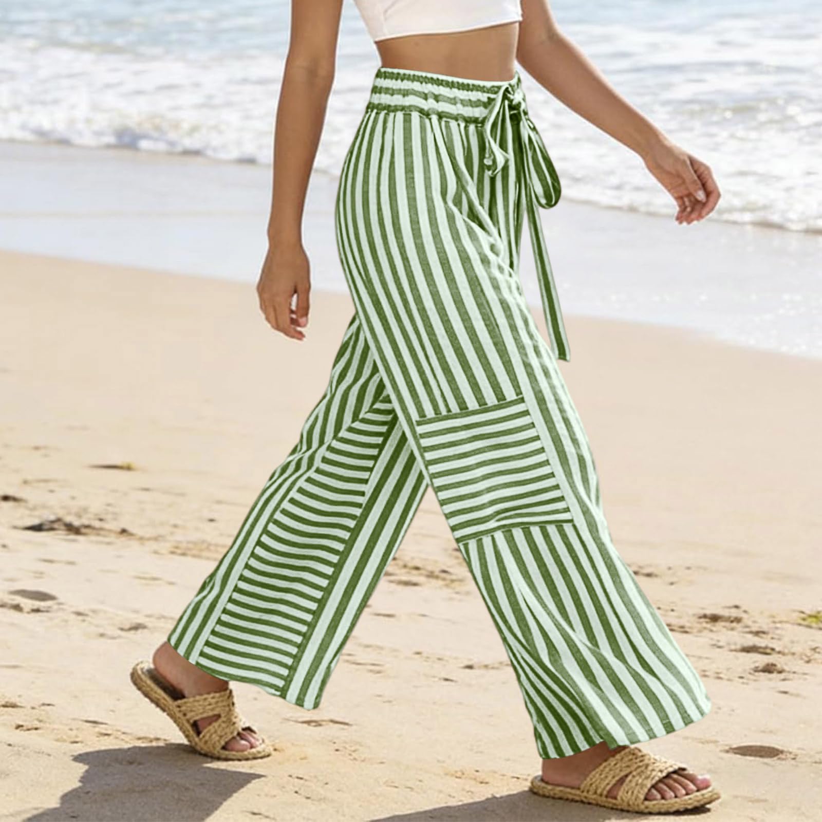 Pantacourt Femme Été,Pantalon Femme Coton Et Lin Fluide Léger Pantalon avec Poches Décontracté Taille Haute Élastique Pantalons avec Cordon De Serrage Ample Droit Long Pants Été Jambe Large Palazzo