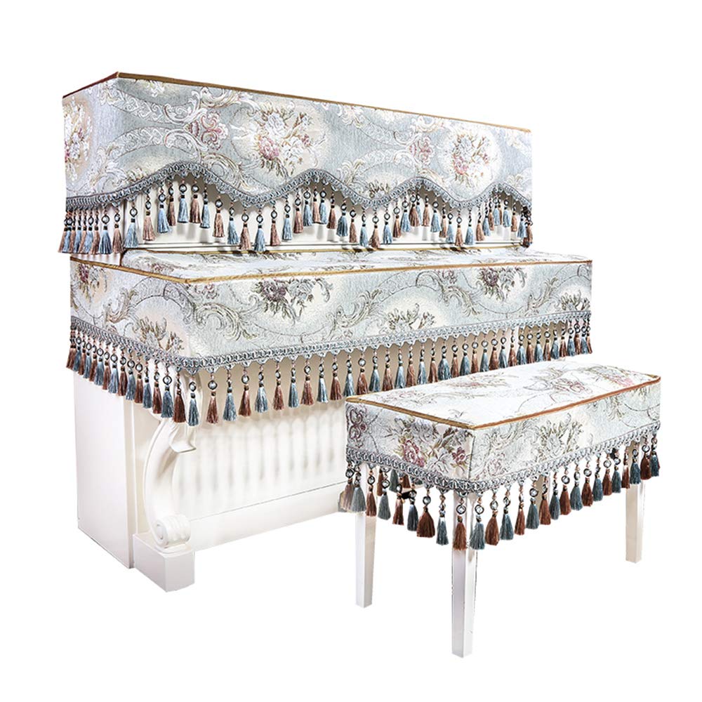 Set Di Coperture Per Pianoforte In Tessuto,lusso Europeo Chenille Jacquard Copertura Polvere Pianoforte Insieme Di 3 Con Nappe E Perline Di Cristallo Per Tastiera Sgabello In Alto Blu Rivestimento