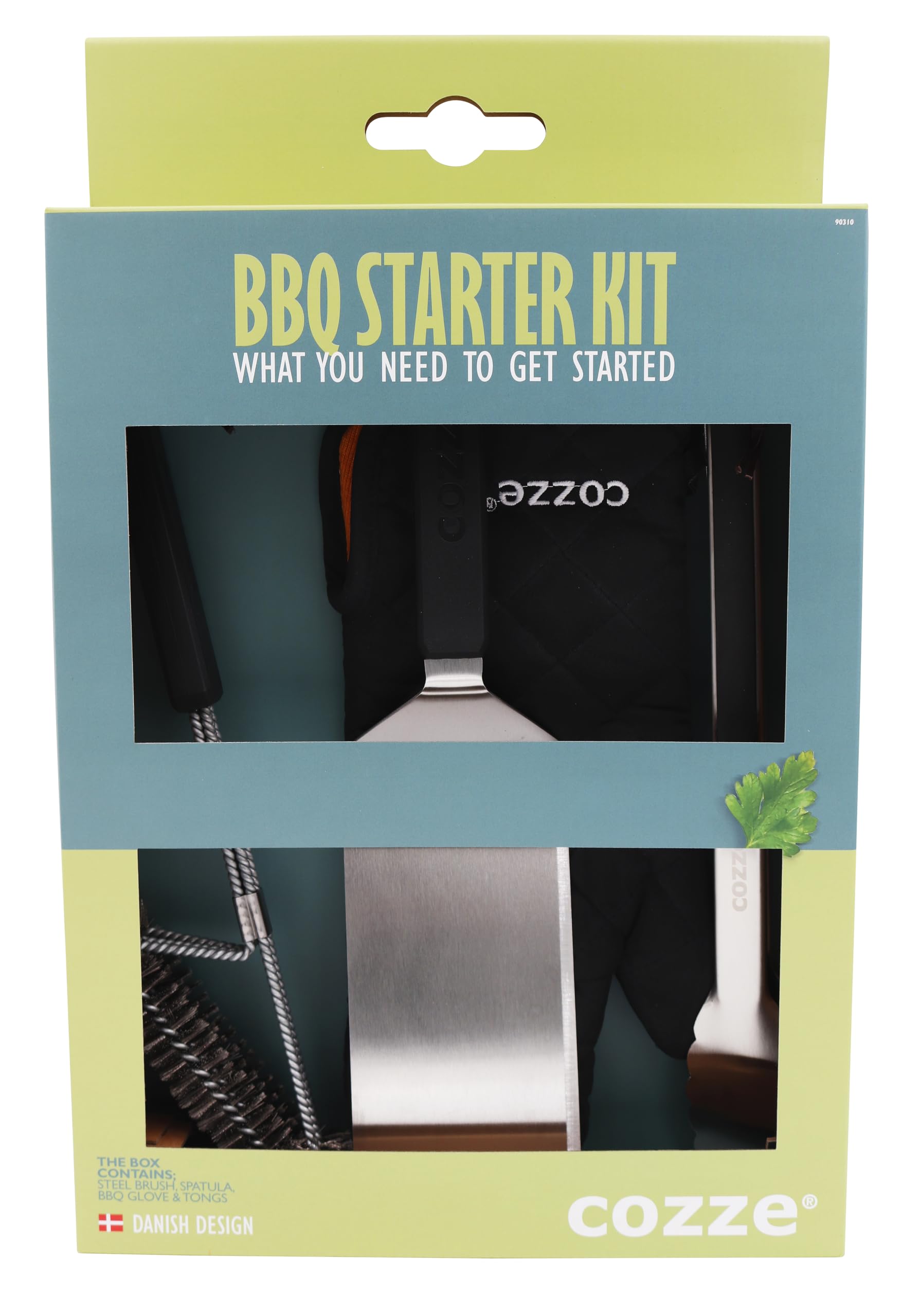 Cozze® Set di posate per barbecue, 4 pezzi, in acciaio inox, con pinza, paletta, spazzola per barbecue e guanto da barbecue, regalo di alta qualità per uomini e appassionati di barbecue, ideale per