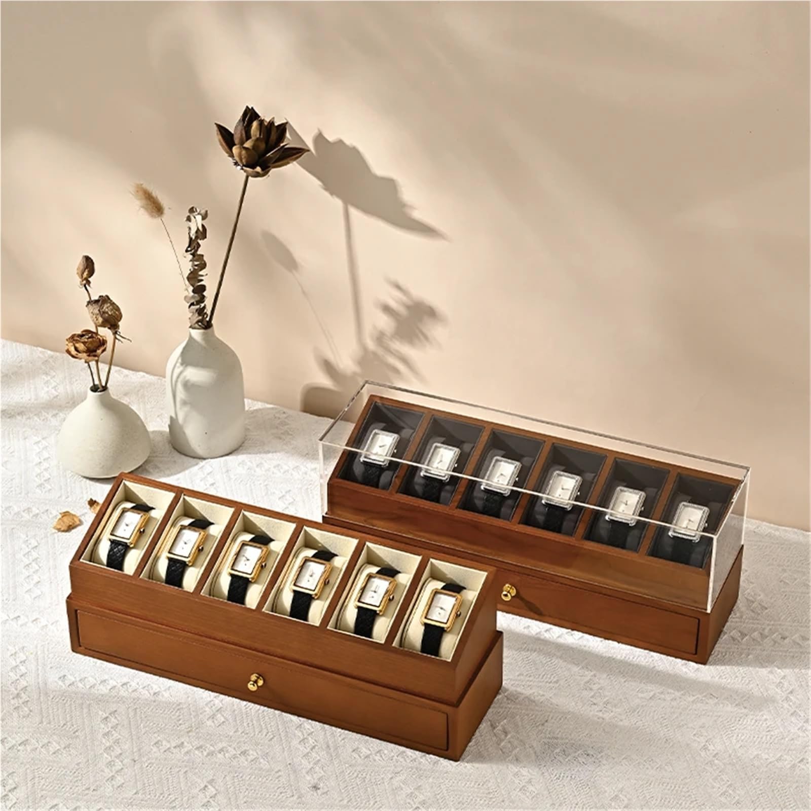 Caja para Relojes de Madera Caja organizadora de madera for 6 relojes | Almacenamiento de exhibición de muñeca de joyería de doble capa(Gray)