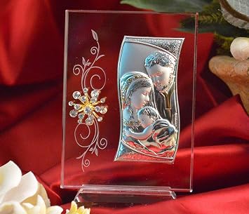 Large Oval Italian Silver Holy Family on Crystal Plaque Religious Icon